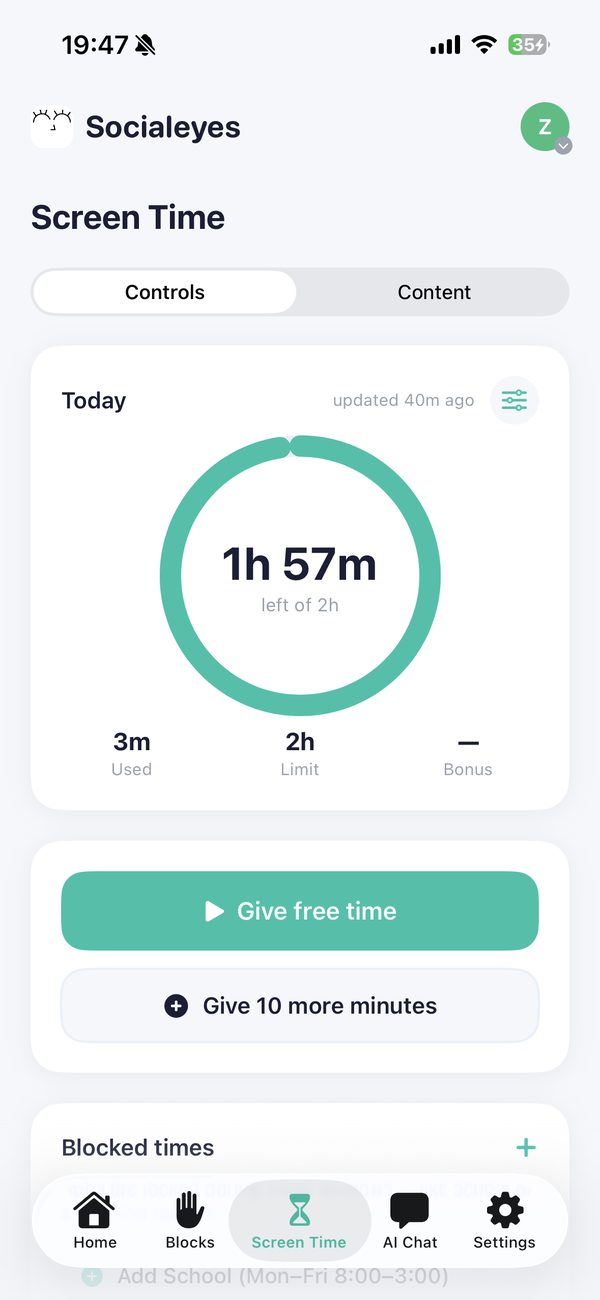 Screen time screen showing time left of a 2 hour limit